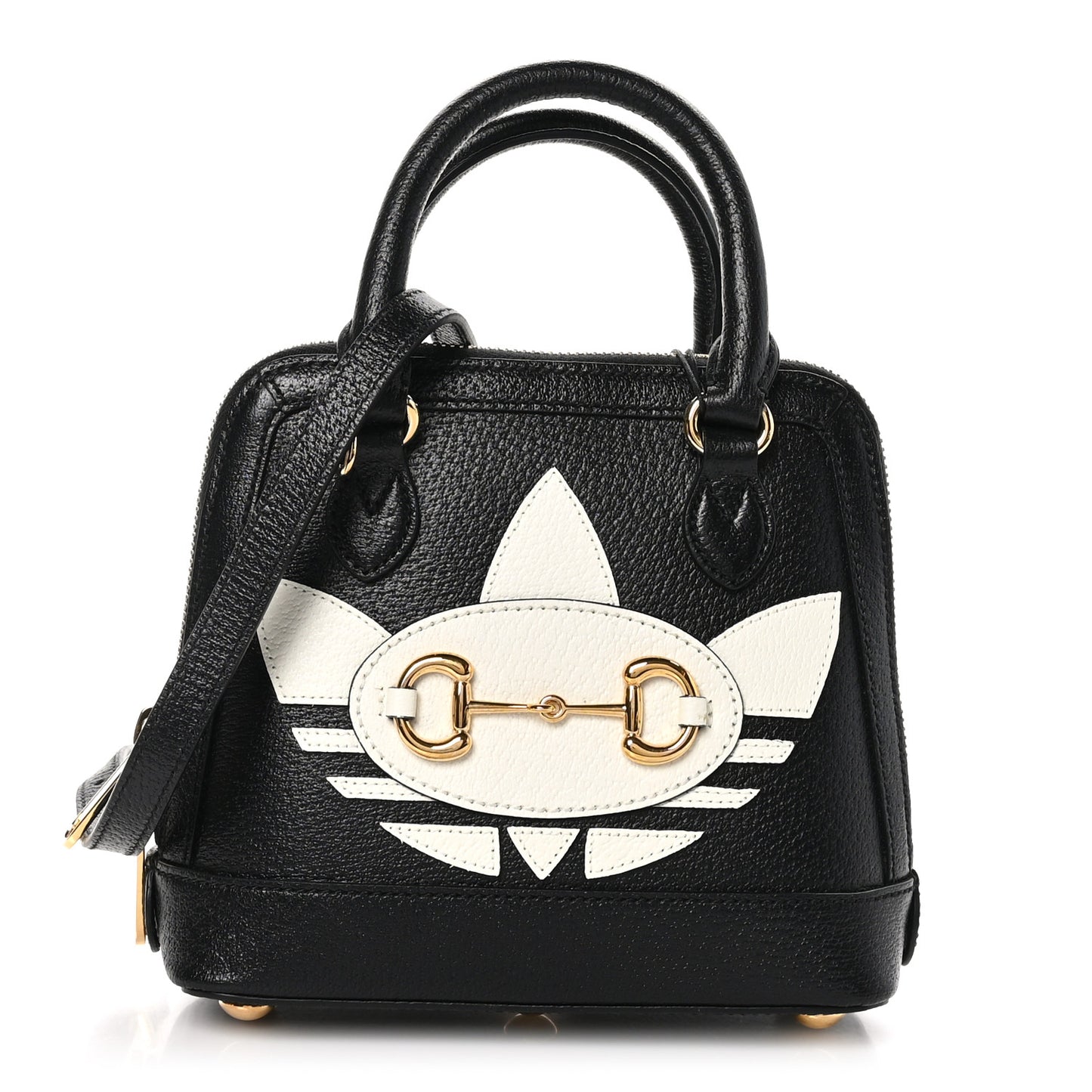 X ADIDAS Textured Dollar Calfskin Web Trefoil Mini Horsebit 1955 Top Handle Bag Black Off White