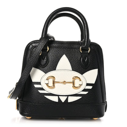 Gucci X ADIDAS Textured Dollar Calfskin Web Trefoil Mini Horsebit 1955 Top Handle Bag Black Off White 1 of 10