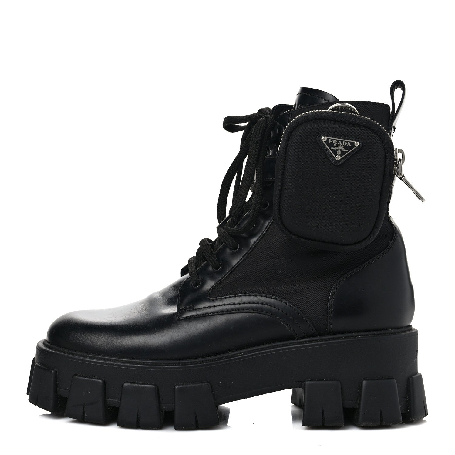 Prada Spazzolato Rois Nylon Metal Triangle Logo Monolith Pouch Pocket 55mm Boots 38.5 Black 1 of 16