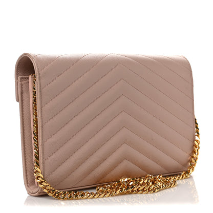 Saint Laurent Grain De Poudre Matelasse Chevron Monogram Chain Wallet Pale Pink 3 of 8