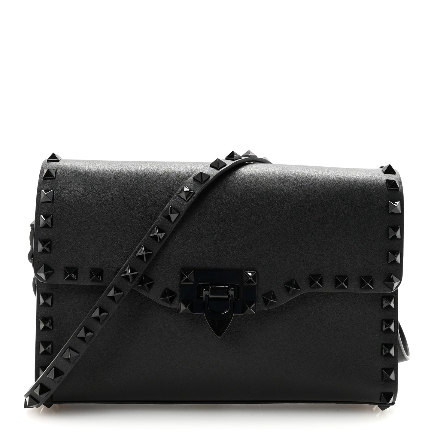 Vitello Monochrome Medium Rockstud Flip Lock Crossbody Bag Black