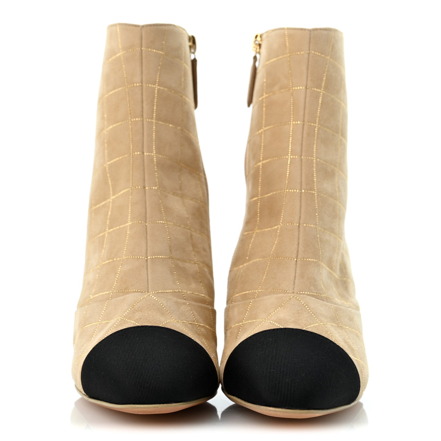 Suede Goatskin Grosgrain Quilted Cap Toe Short Boots 38 Beige Golden Black
