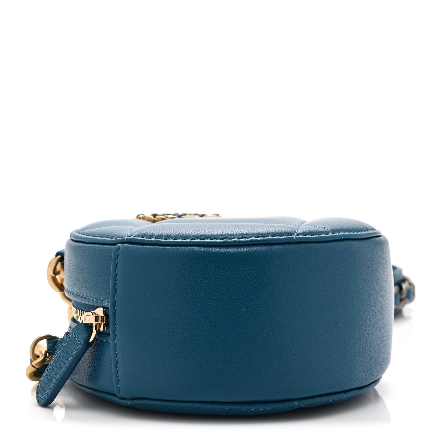 Goatskin Quilted Chanel 19 Round Clutch With Chain Blue