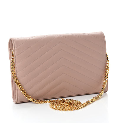 Saint Laurent Grain De Poudre Matelasse Chevron Monogram Chain Wallet Pale Blush 3 of 13