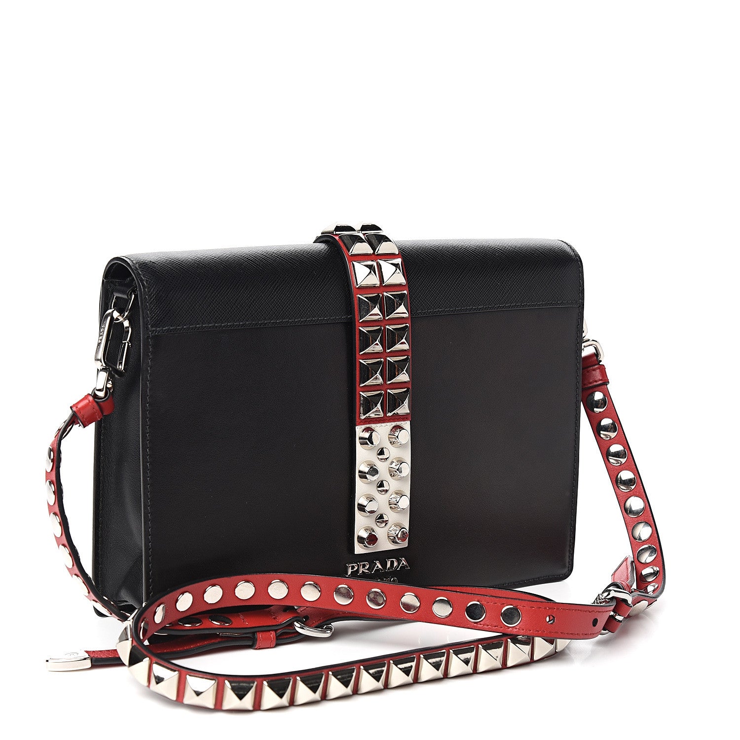 Prada Saffiano City Calfskin Studded Large Elektra Shoulder Bag Black Fuoco 2 of 9