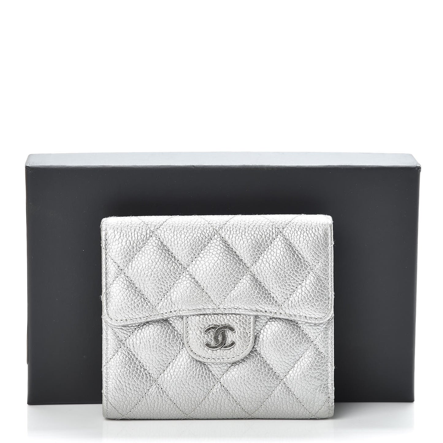 Metallic Caviar Quilted Compact Flap Wallet Silver