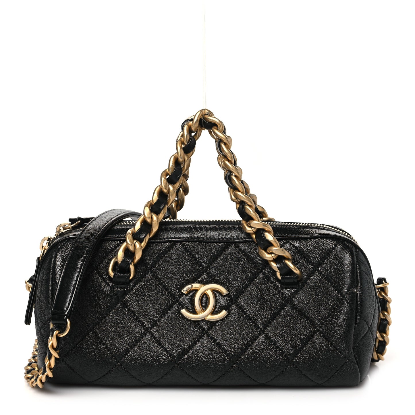 Shiny Lambskin Quilted Small Fashion Therapy Bowling Bag Black
