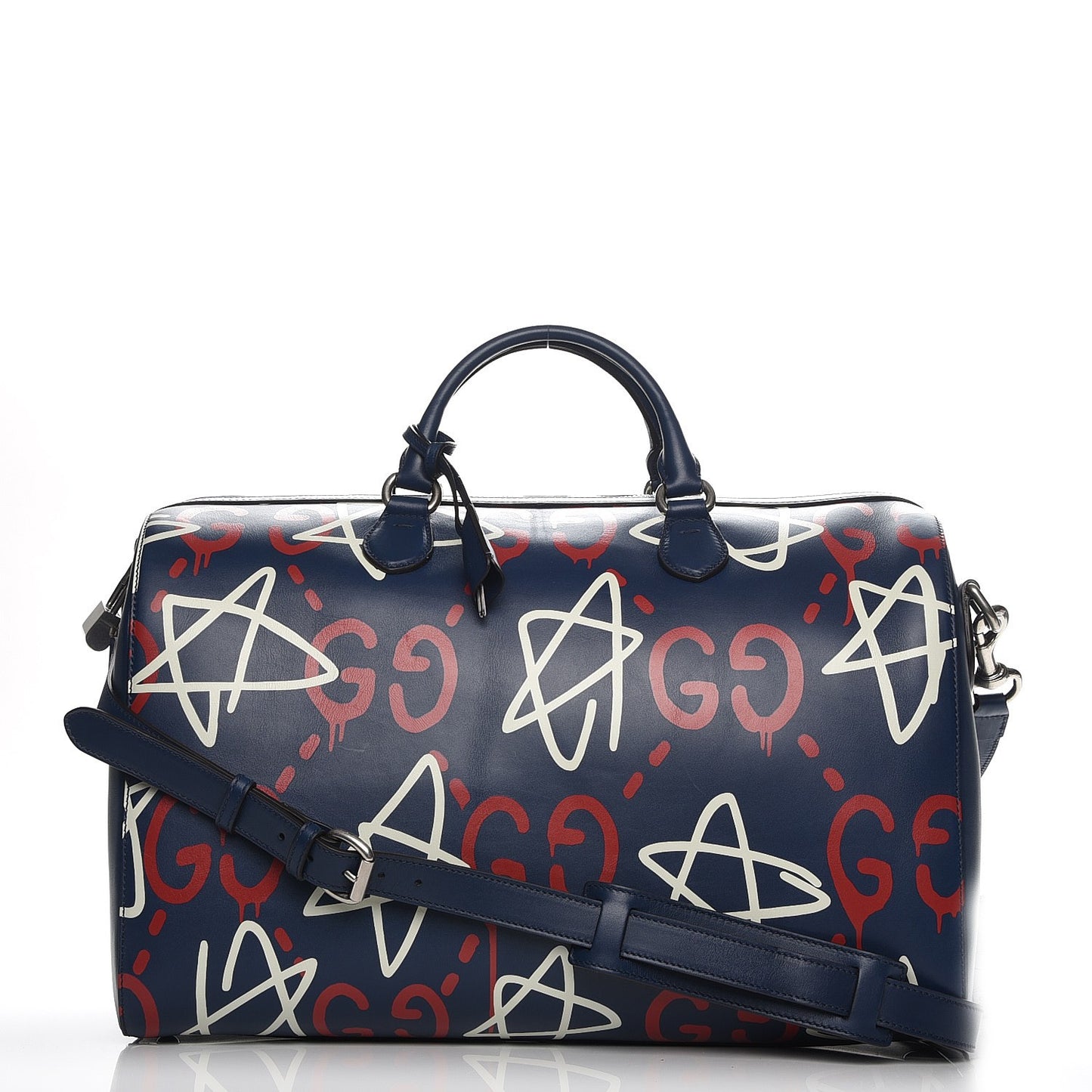 Calfskin GucciGhost Print Duffle Blue Agata Hibiscus Red