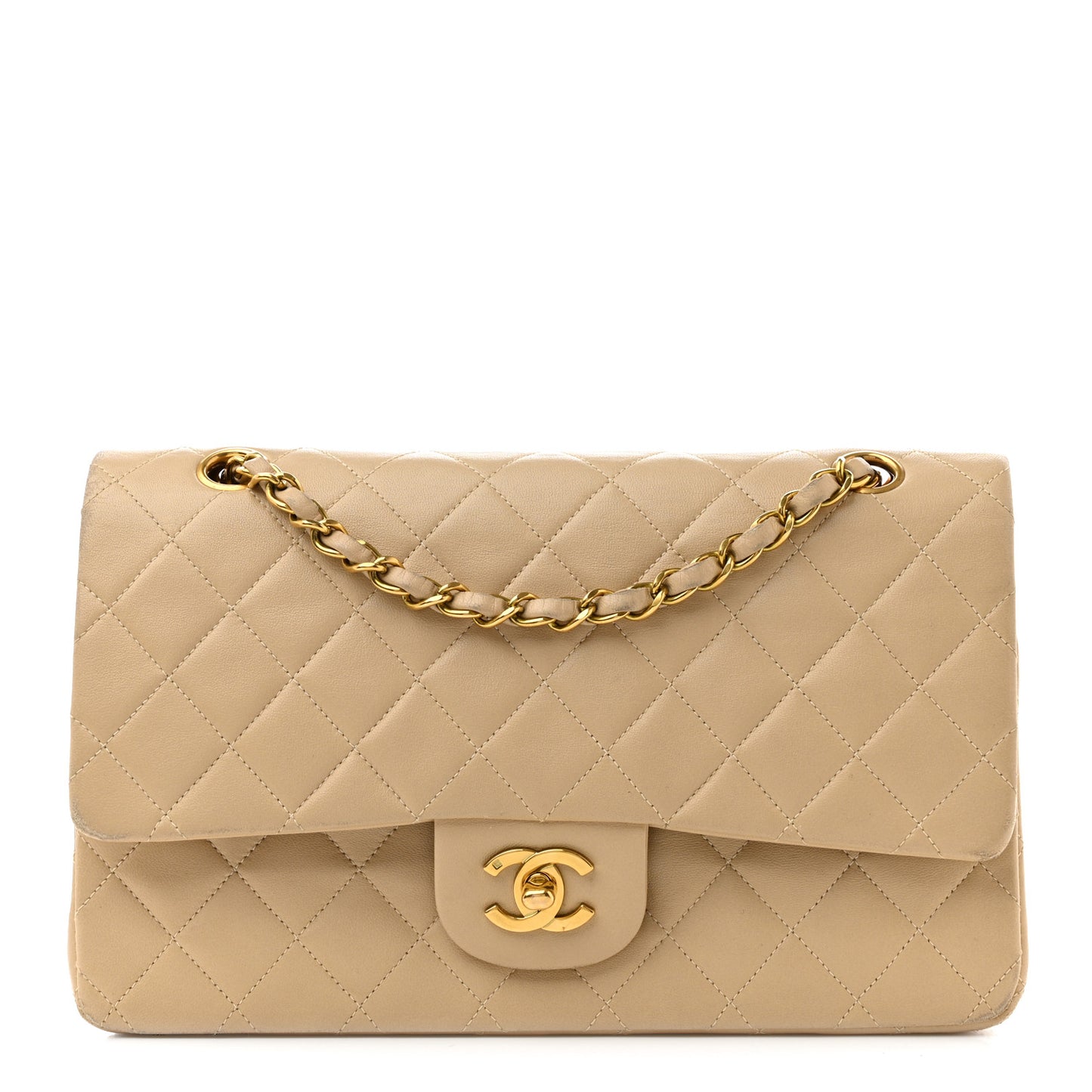Lambskin Quilted Medium Double Flap Beige