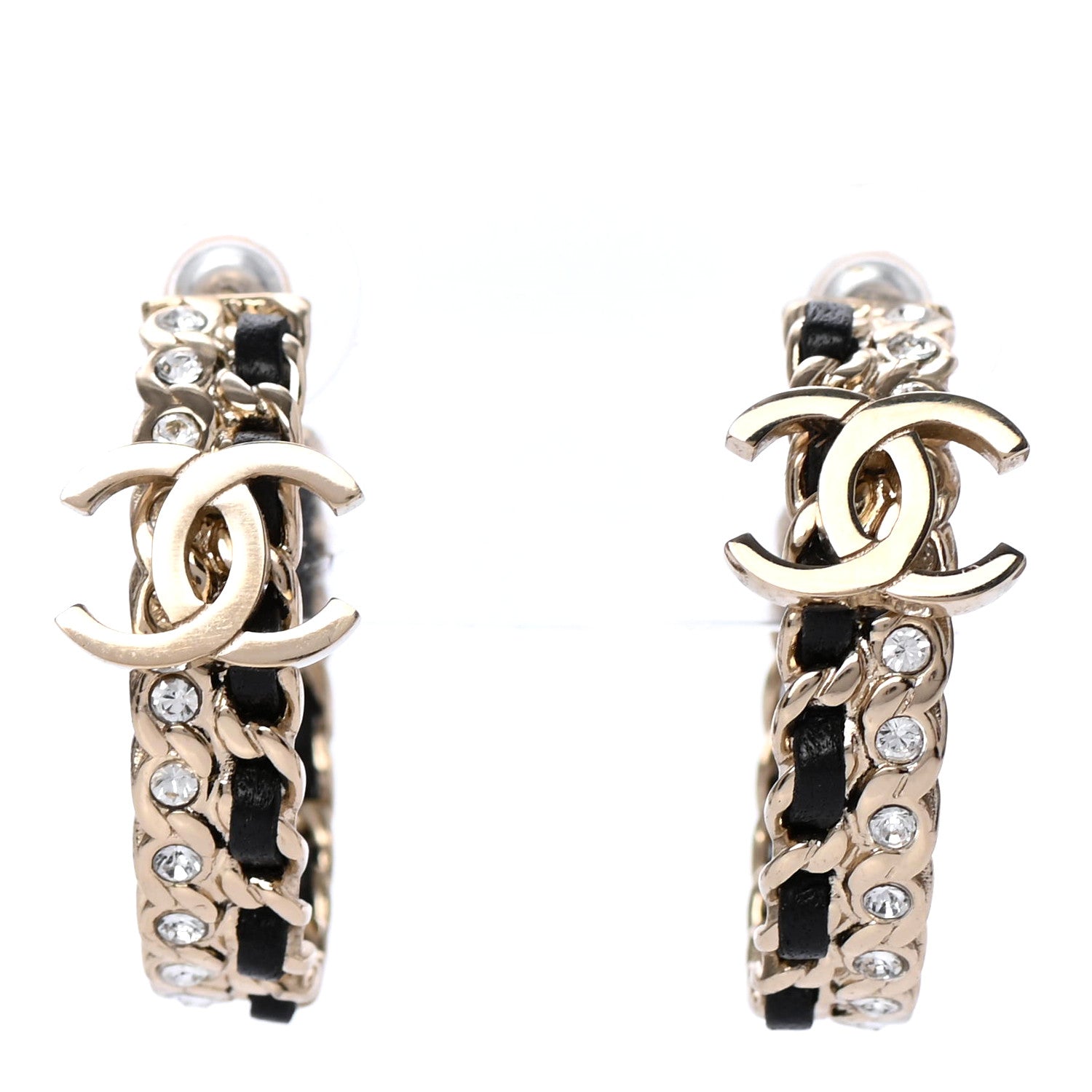 Chanel Crystal Lambskin CC Chain Hoop Earrings Gold Black 1 of 4