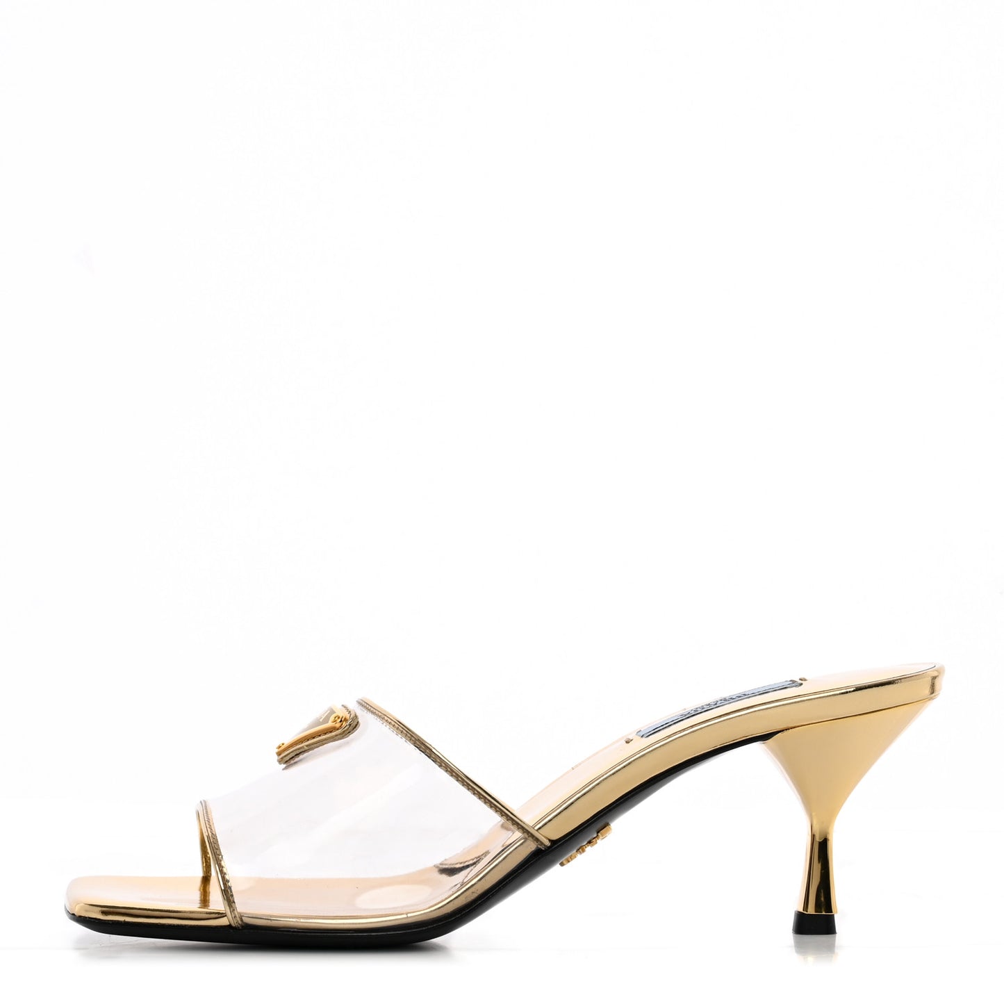 Plexiglass Metallic Calfskin Metal Triangle Logo 65mm Slide Sandals 38.5 Platino