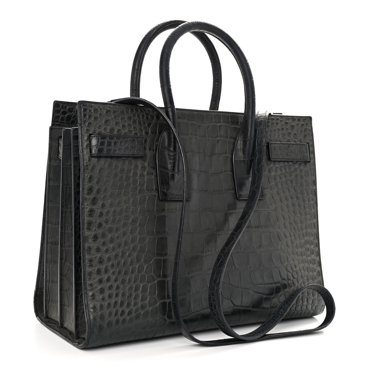 Saint Laurent Calfskin Crocodile Embossed Small Sac de Jour Dusty Black 3 of 9