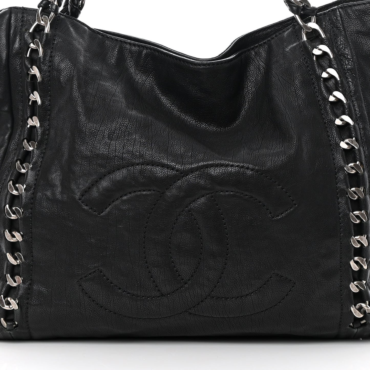 Glazed Calfskin Modern Chain Tote Black