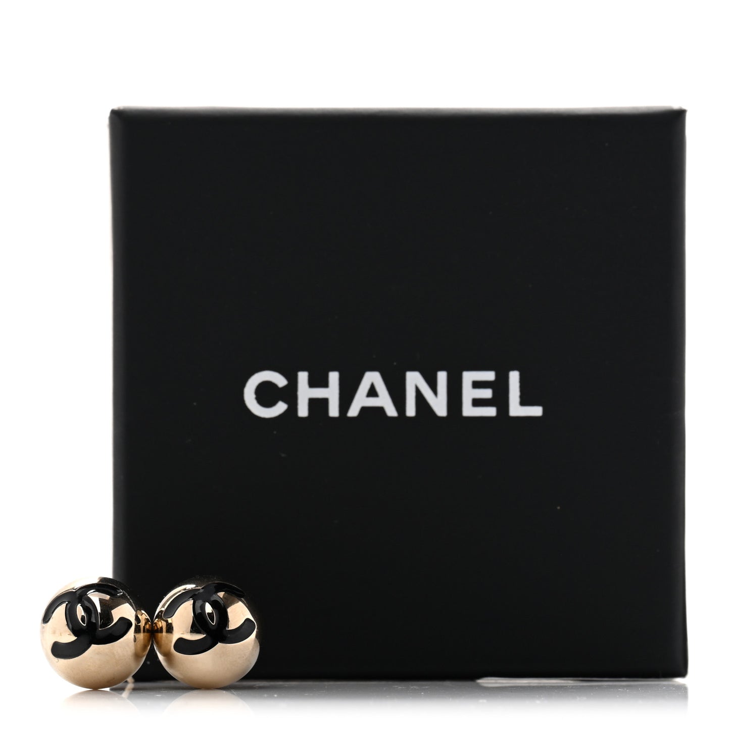 Metal Enamel CC Round Dome Earrings Gold Black