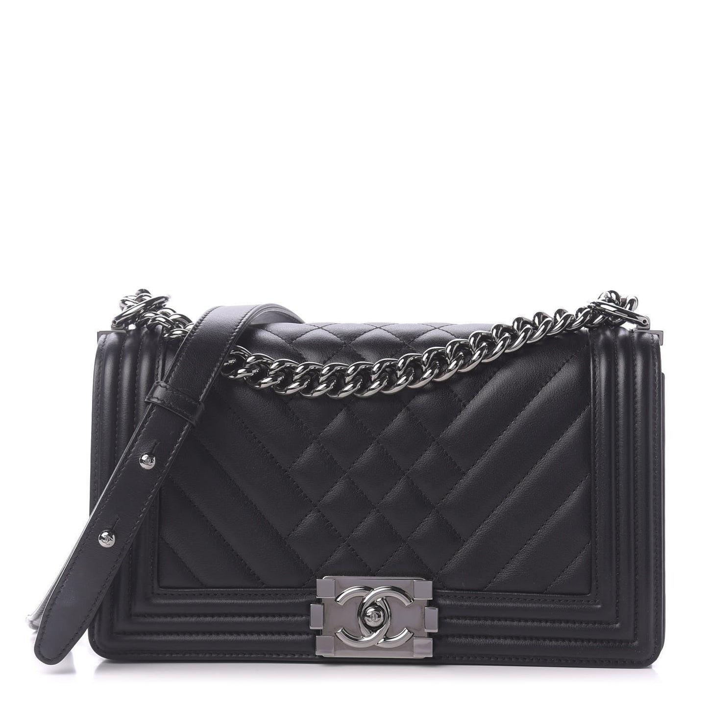 Calfskin Chevron Quilted Medium Boy Flap Black