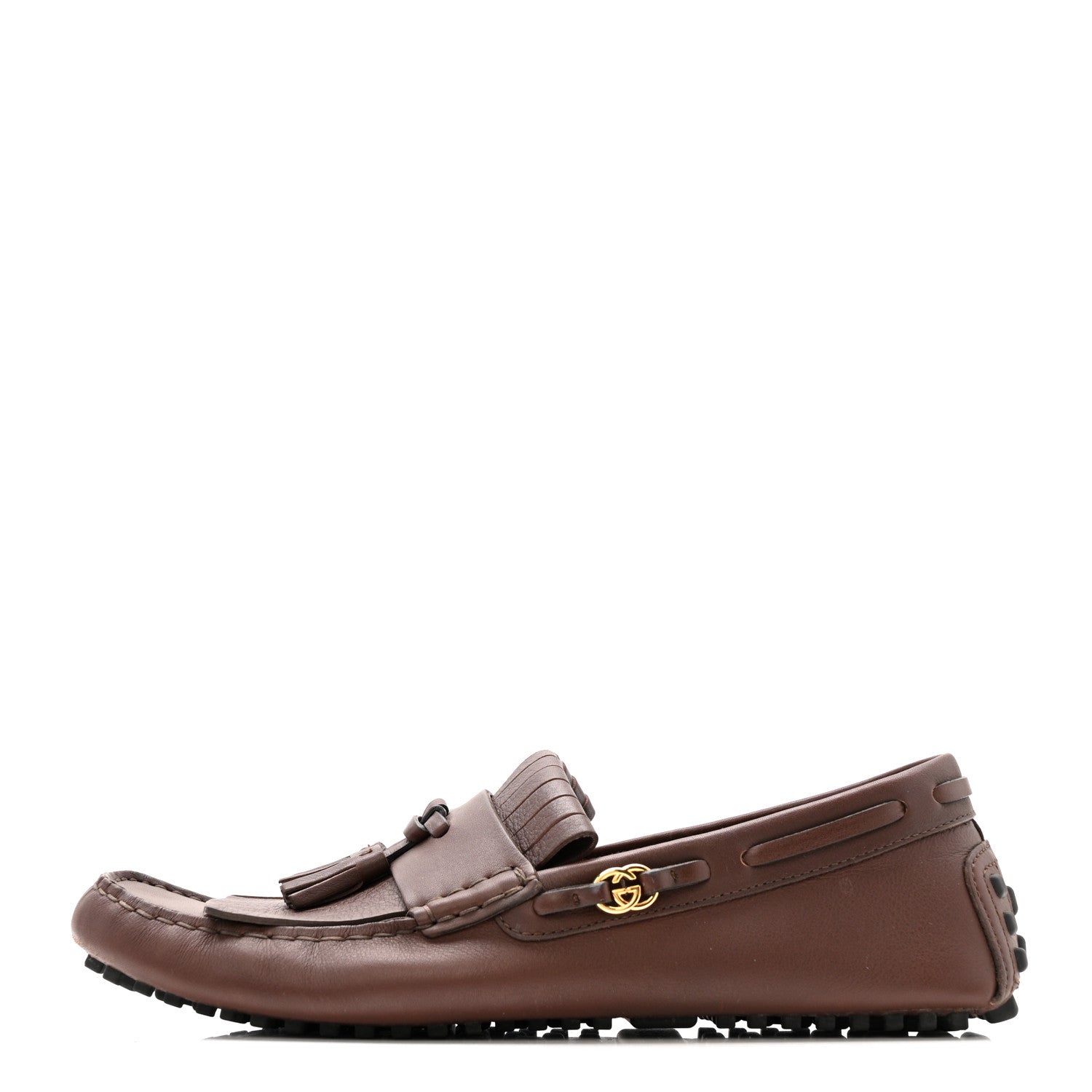 Gucci Calfskin Fringe Interlocking G Mens Driver Loafers 8 Brown 1 of 12