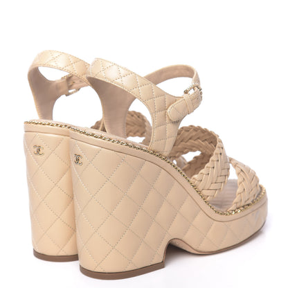 Chanel Calfskin Quilted Chain Around Wedge Sandals 40 Light Beige 4 of 9