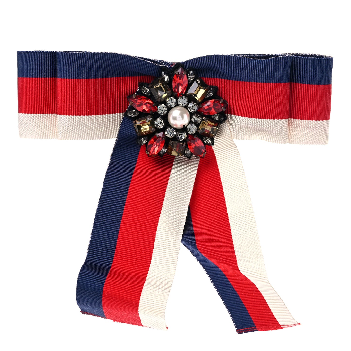 Grosgrain Web Crystal Bow Brooch Red White Blue