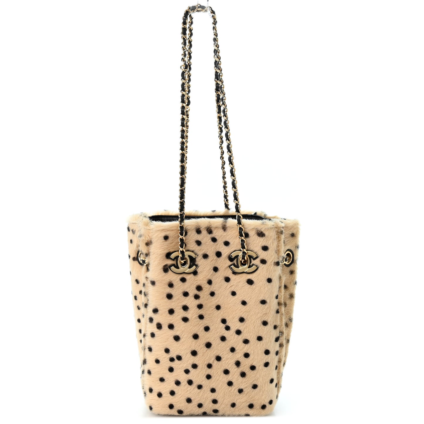 Pony Hair Cheetah Printed CC Chain Bucket Bag Light Beige Black