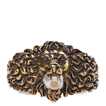 Gucci Metal Pearl Lion Head Cuff Bracelet 18 Aged Gold 1 of 6
