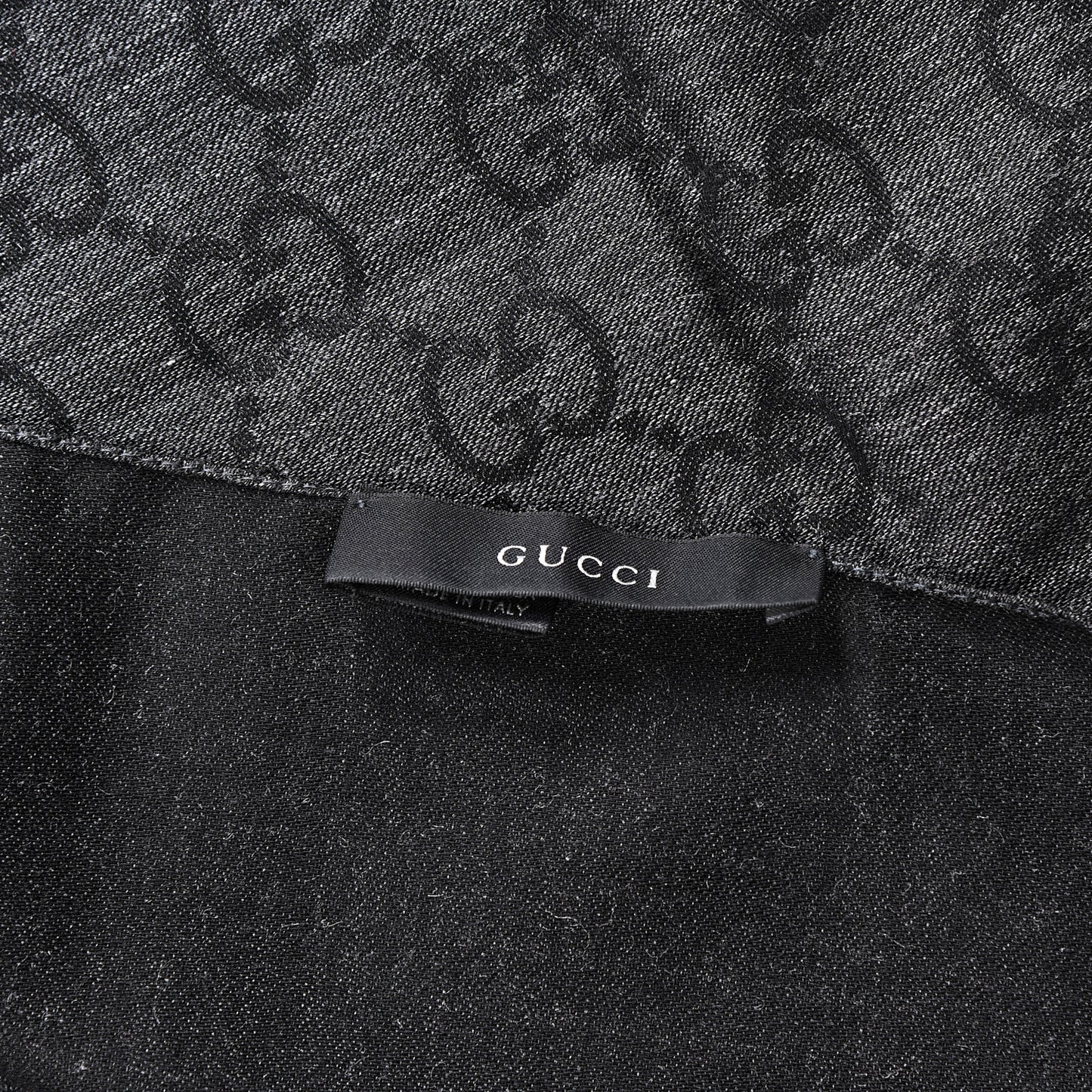 Wool Silk Monogram Fringe Scarf Grey Black