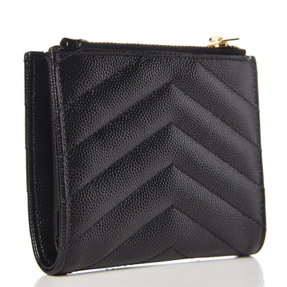 Saint Laurent Grain De Poudre Matelasse Chevron Monogram Zipped Card Case Black 3 of 8