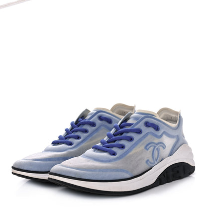 Chanel Calfskin Mesh Lycra Womens Logo Sneakers 41 White Blue 3 of 10