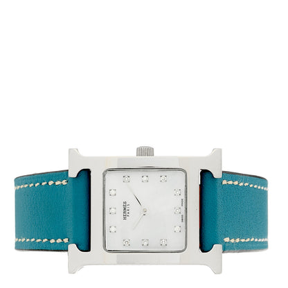 Hermes Stainless Steel Swift Diamond Mother of Pearl 21mm Heure H Hour Quartz Watch Blue Jean 2 of 4