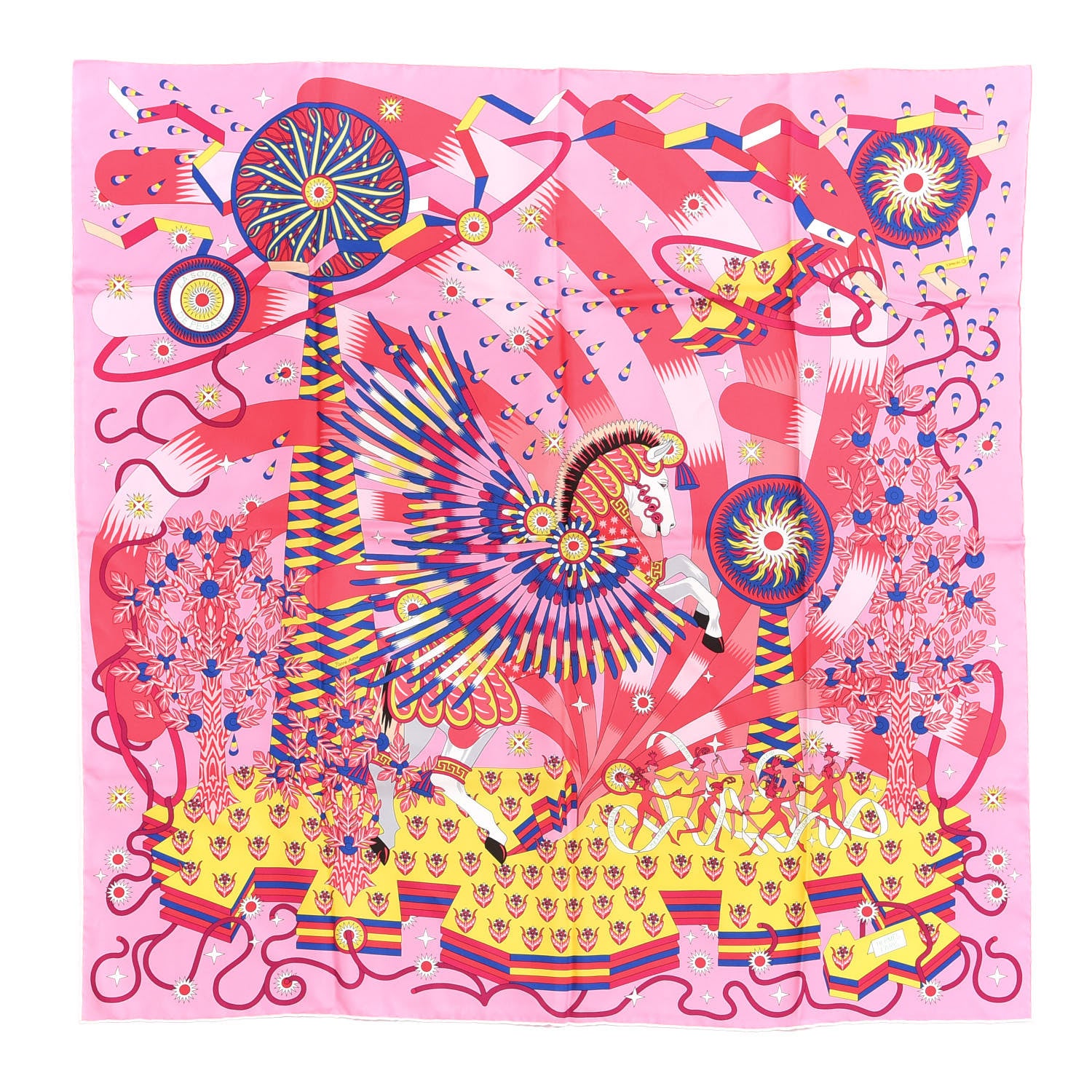 Hermes Silk La Source De Pegase Scarf 90 Rose Jaune Vif Bleu Royal 1 of 3