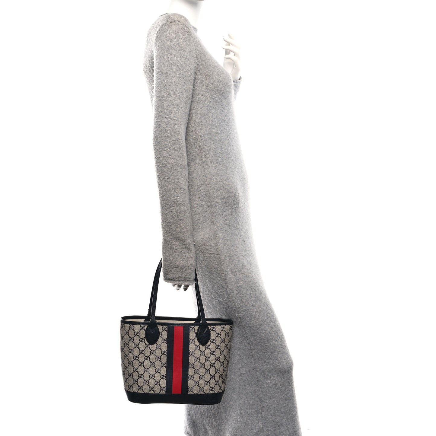 GG Supreme Monogram Textured Dollar Calfskin Web Small Ophidia Tote Beige Blue