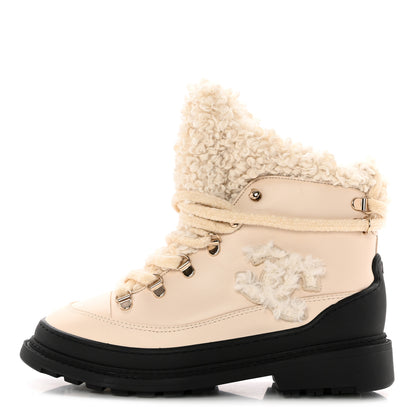 Chanel Calfskin Shearling CC Lace Up Boots 36 Light Beige Ivory 1 of 16