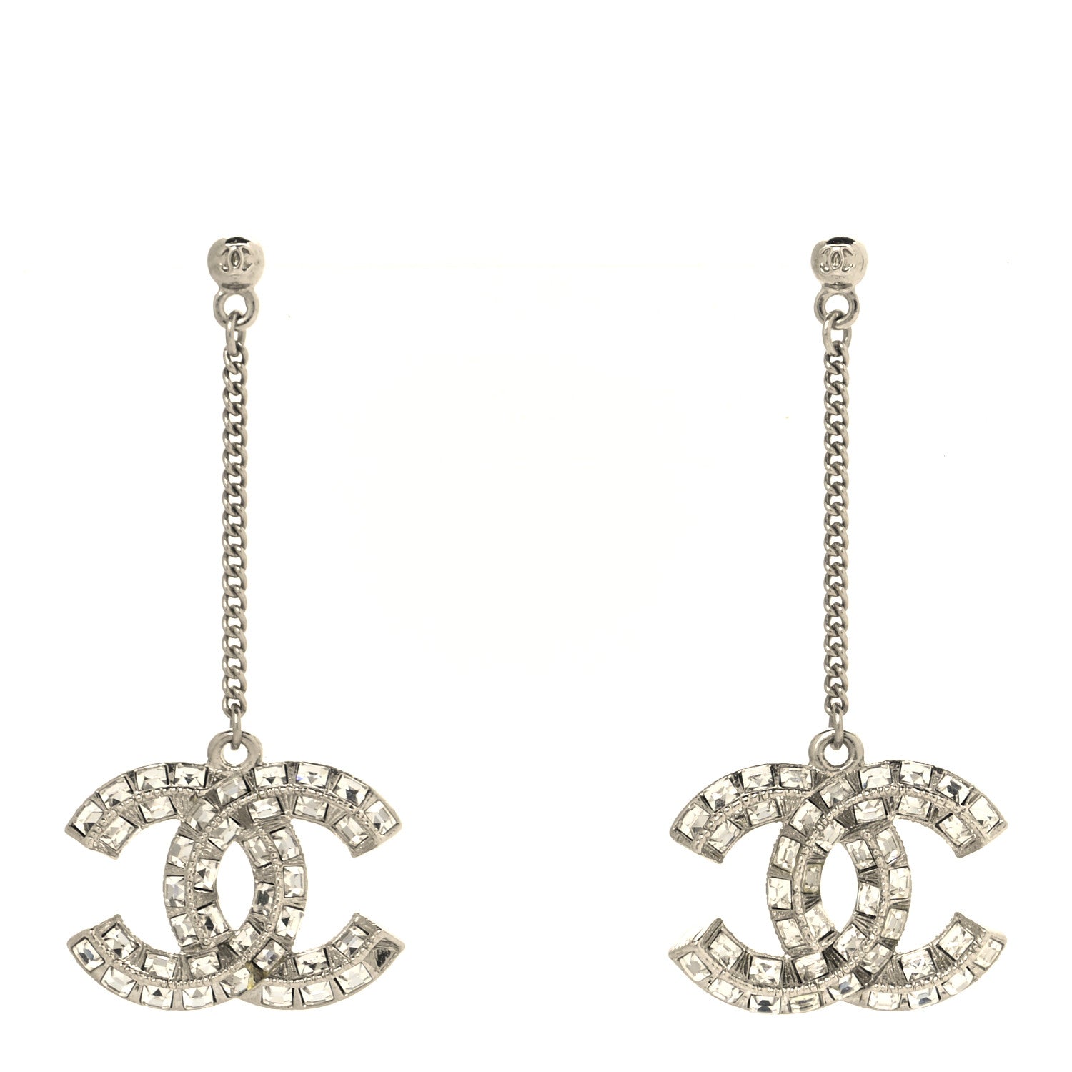 Chanel Baguette Crystal CC Drop Earrings Silver 1 of 5