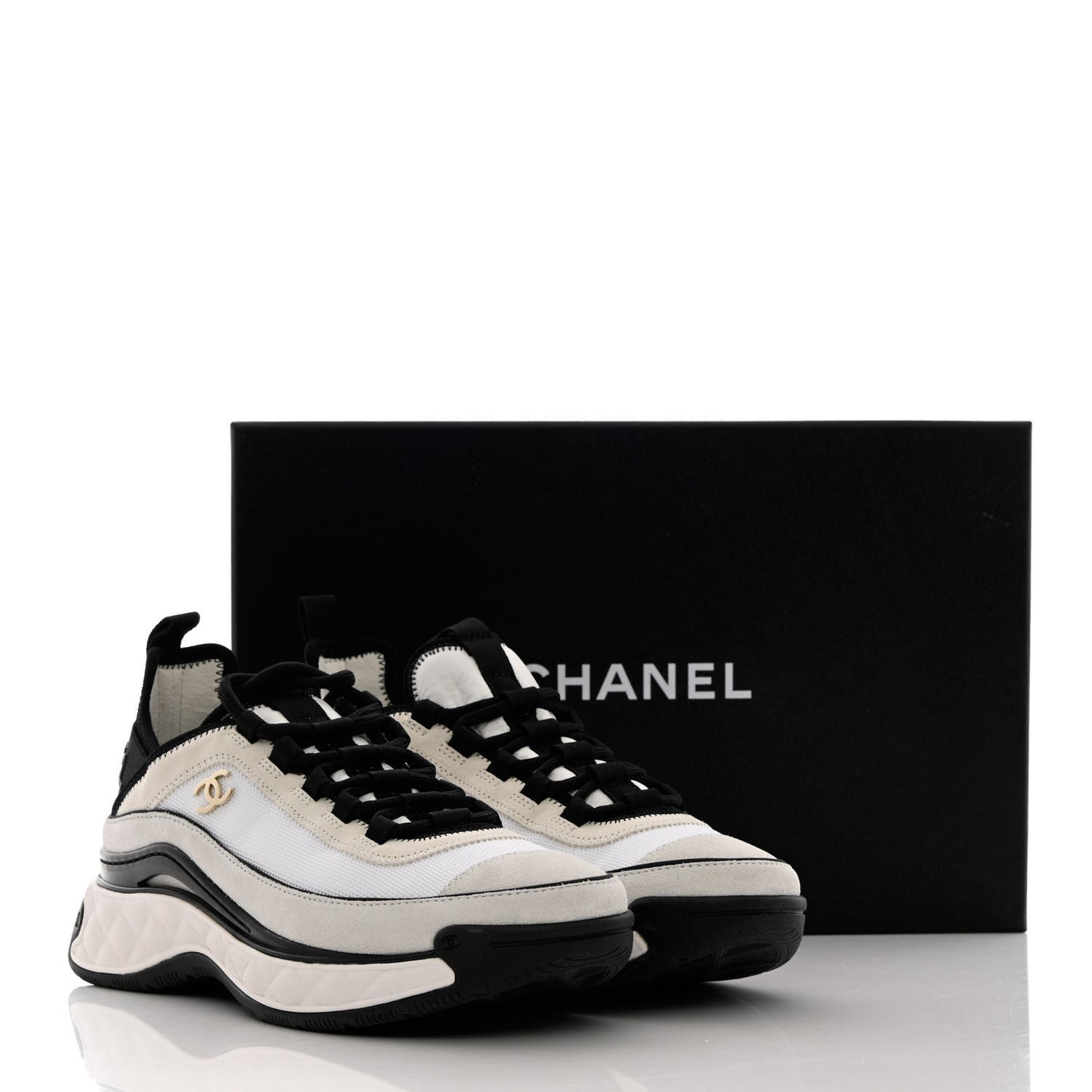 Velvet Calfskin Mixed Fibers CC Sneakers 37.5 Ivory Black