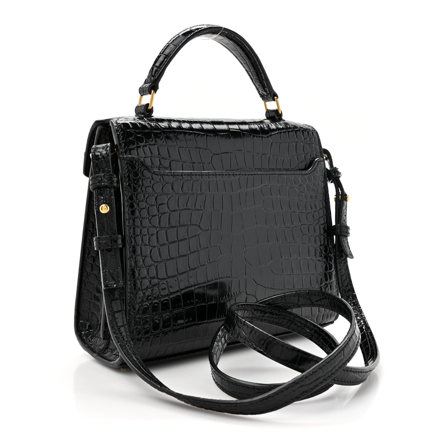 Calfskin Crocodile Embossed Mini Classic Monogram Cassandra Top Handle Black