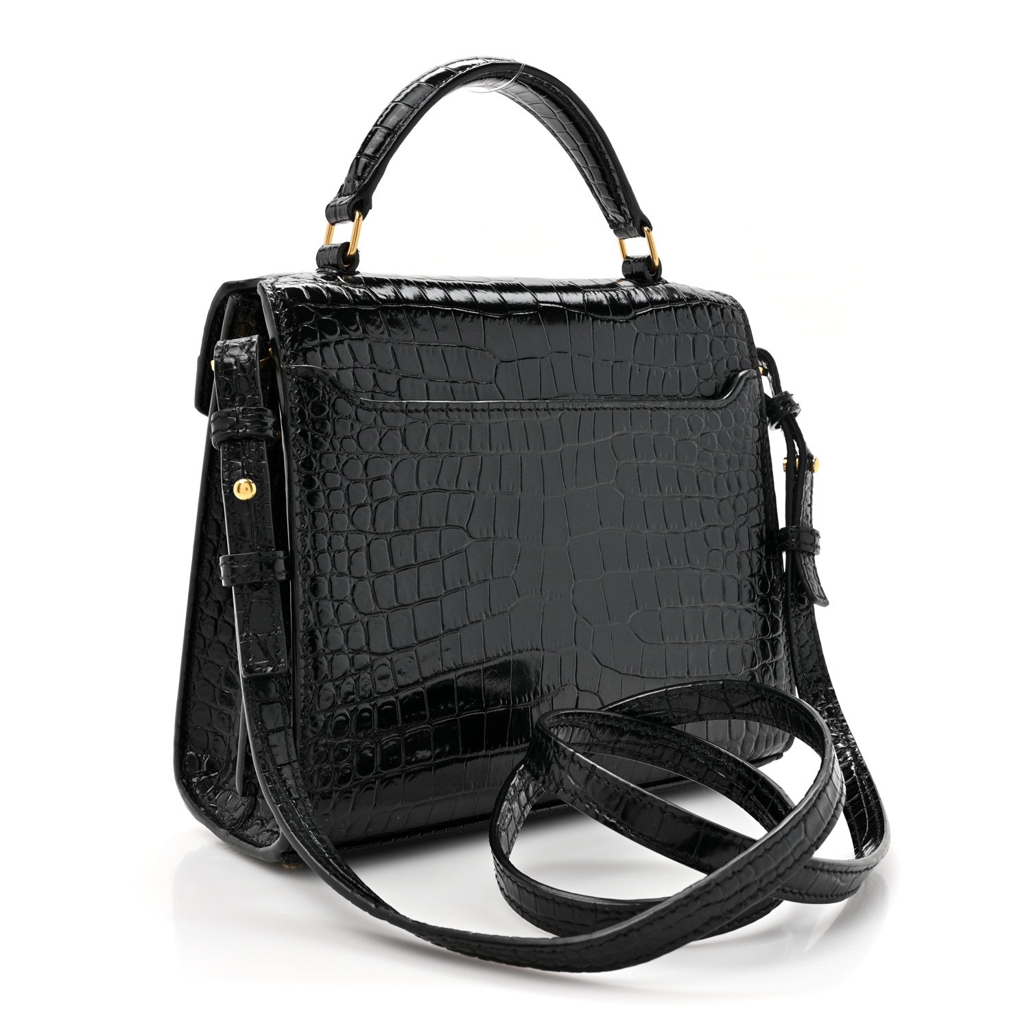 Saint Laurent Calfskin Crocodile Embossed Mini Classic Monogram Cassandra Top Handle Black 3 of 12