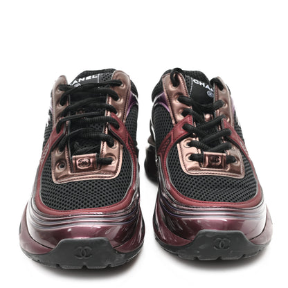 Chanel Fabric Laminated Calfskin Stretch CC Womens Sneakers 37.5 Black Purple Burgundy 3 of 12