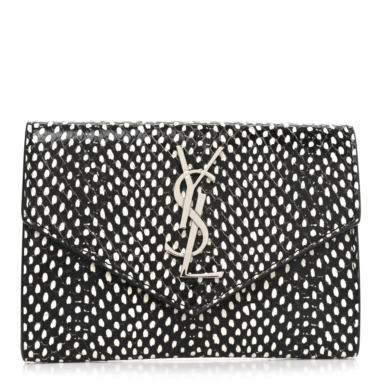 Saint Laurent Calfskin Lambskin Snakeskin Embossed Small Monogram Envelope Wallet Black White 1 of 6