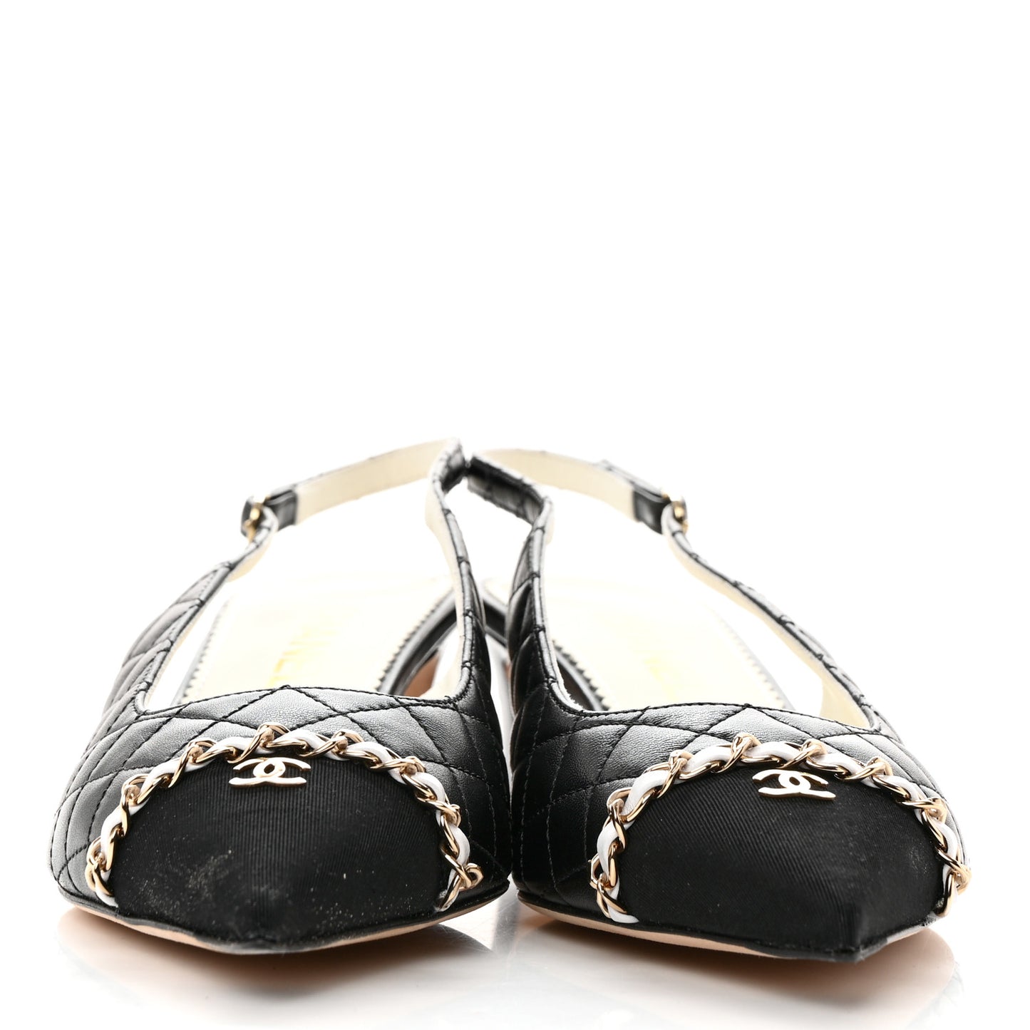 Lambskin Grosgrain Quilted Cap Toe CC Chain Slingback Pumps 40 Black