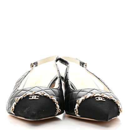 Chanel Lambskin Grosgrain Quilted Cap Toe CC Chain Slingback Pumps 40 Black 2 of 8