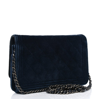 Chanel Velvet Quilted Boy Wallet On Chain WOC Navy 2 of 12