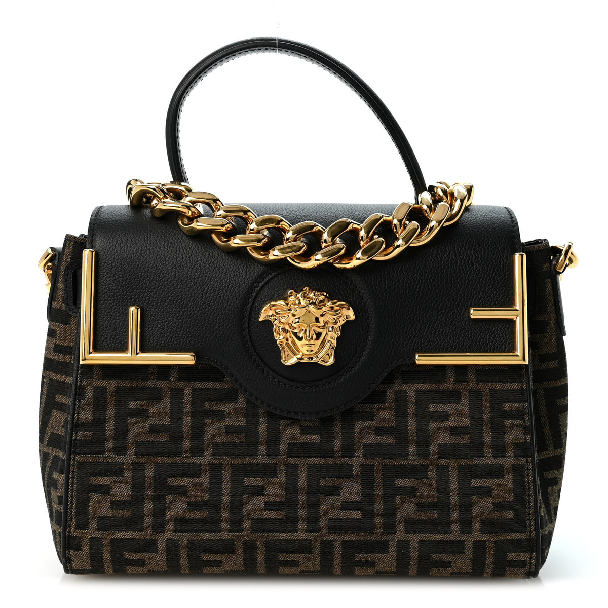 X FENDI Grained Calfskin Fendace Medium La Medusa Top Handle Bag Black Brown
