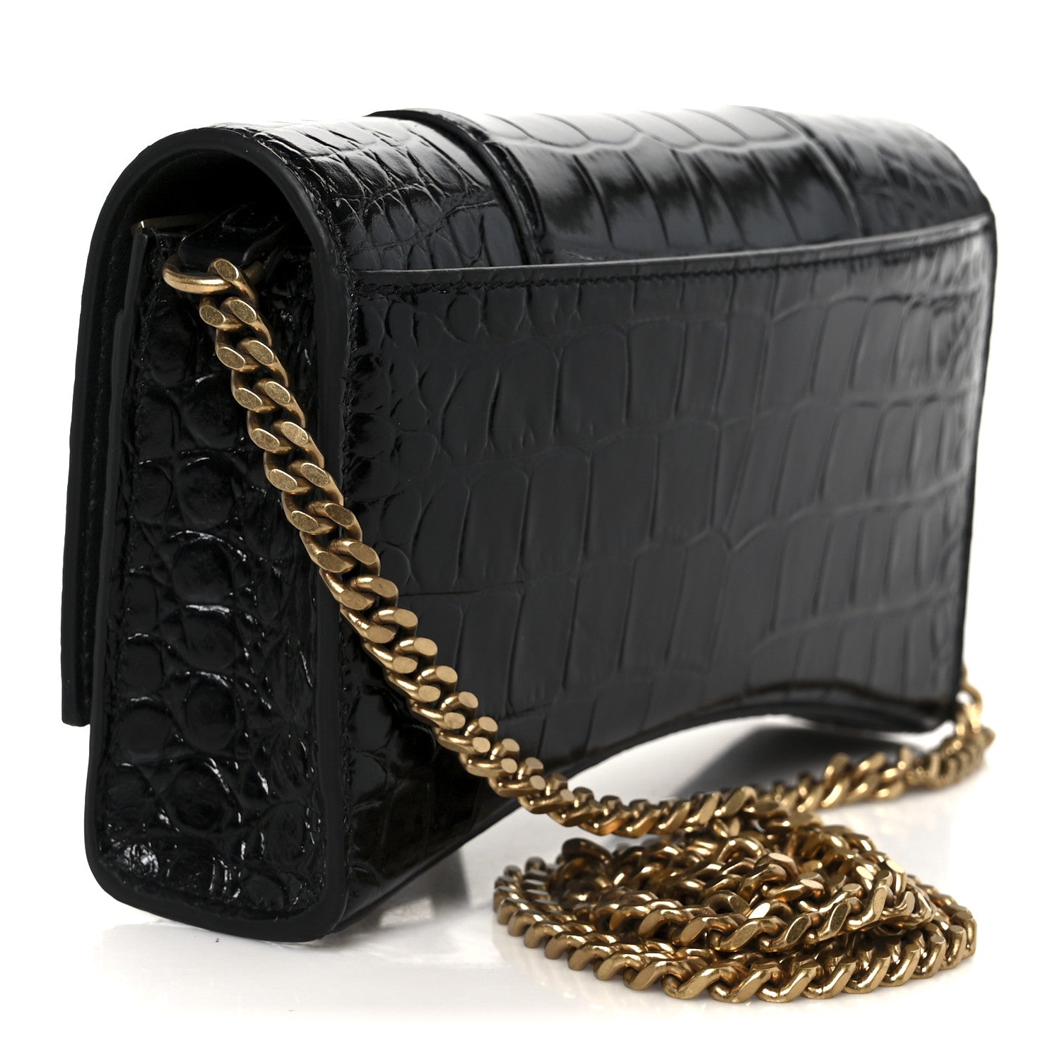 Balenciaga Shiny Calfskin Crocodile Embossed Hourglass Chain Bag Black 3 of 11