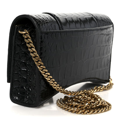 Balenciaga Shiny Calfskin Crocodile Embossed Hourglass Chain Bag Black 3 of 11