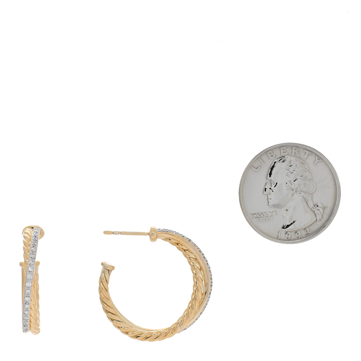 18K Yellow Gold Diamond Crossover Medium Hoop Earrings