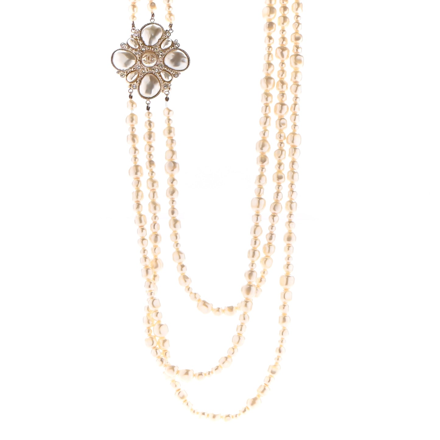 Graduated Pearl Crystal CC Multi Strand Necklace Gold