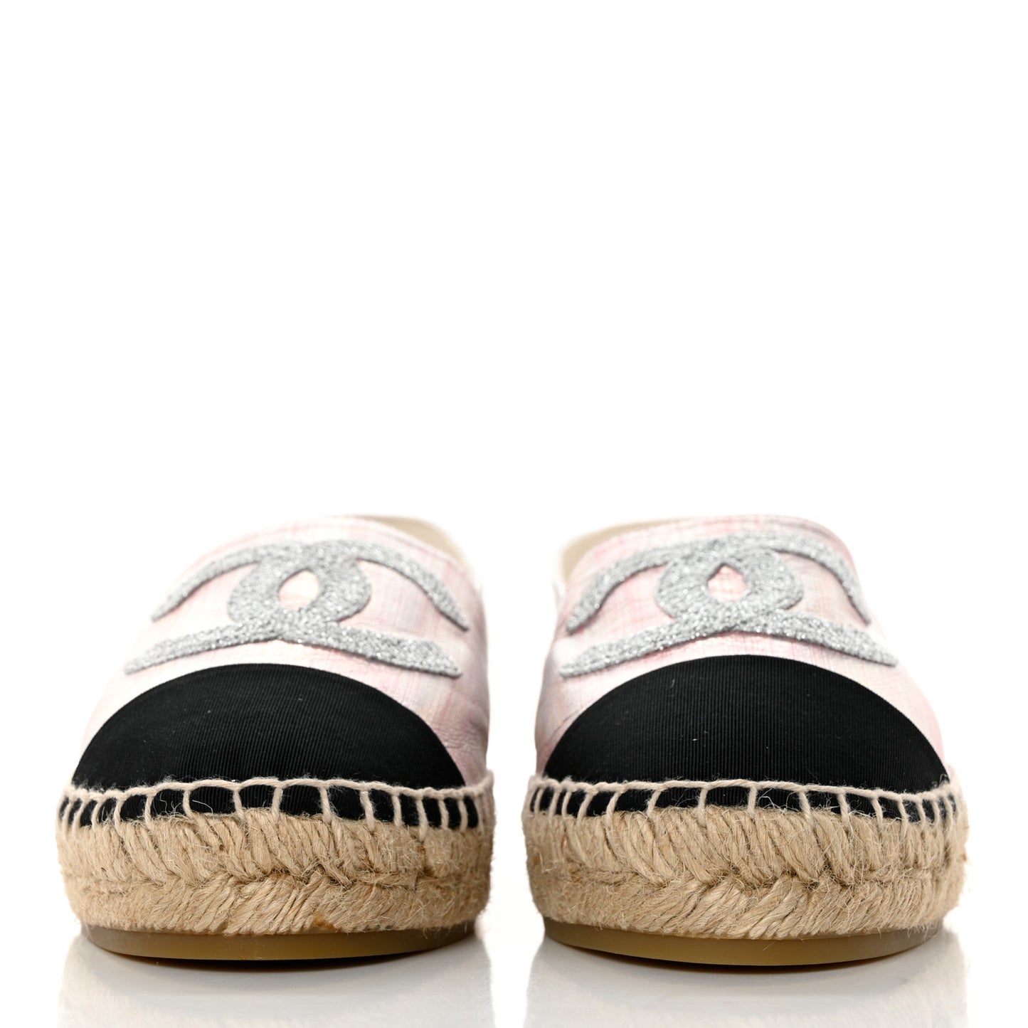 Laminated Lambskin Grosgrain Embroidered CC Espadrilles 40 Pink Silver Black