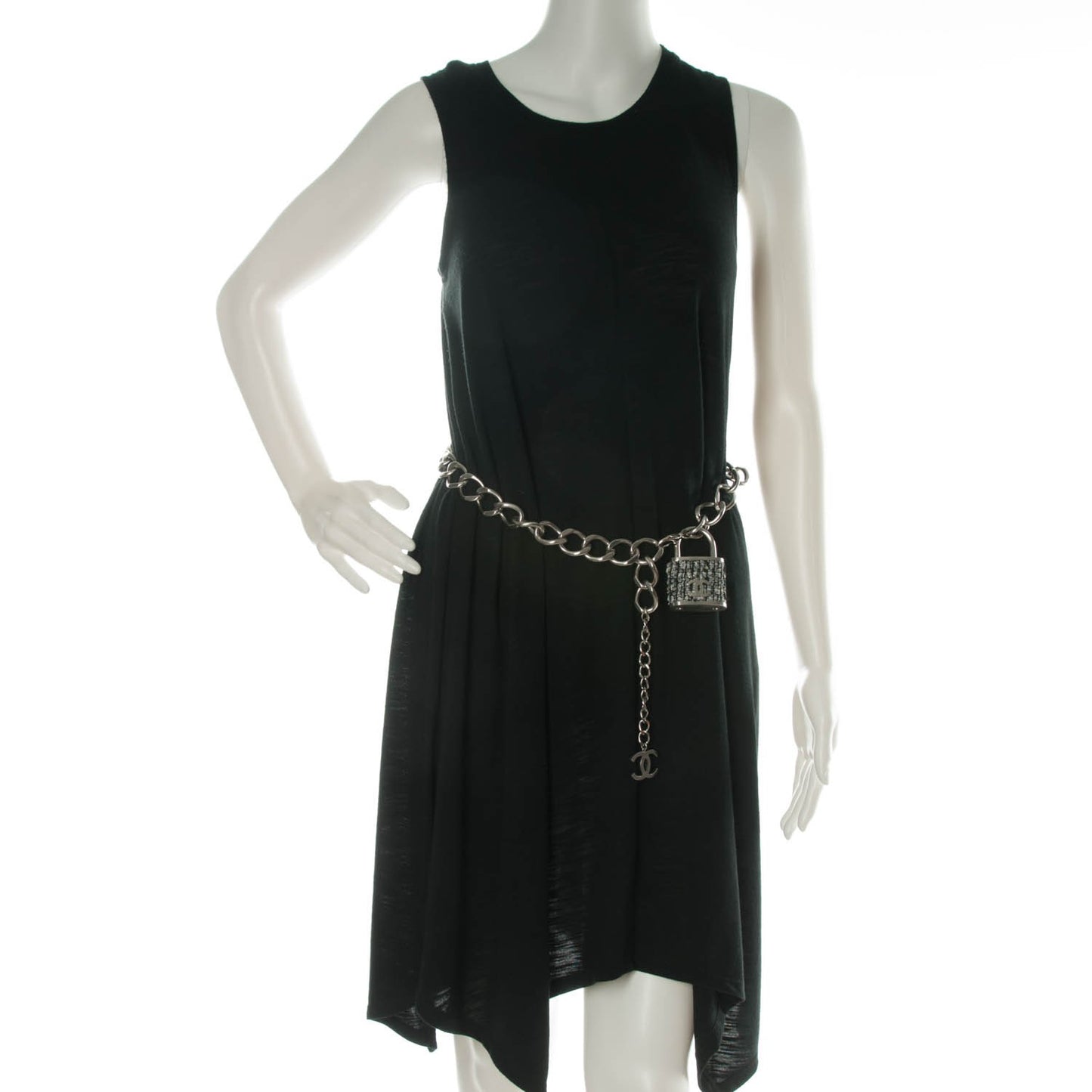 Tweed CC Oversized Padlock Chain Belt Black Silver