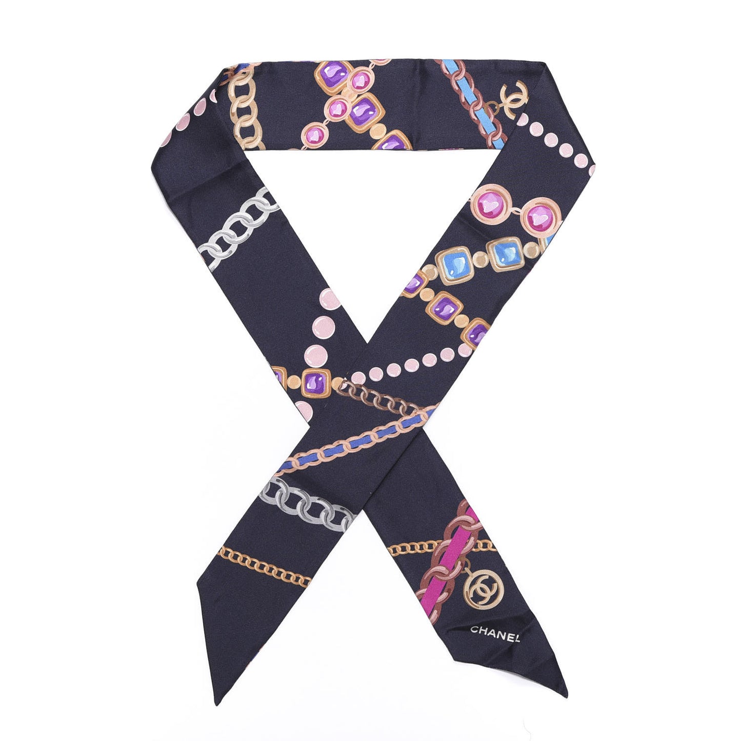 Silk Pearl CC Chain Slim Bandeau Scarf Navy Blue