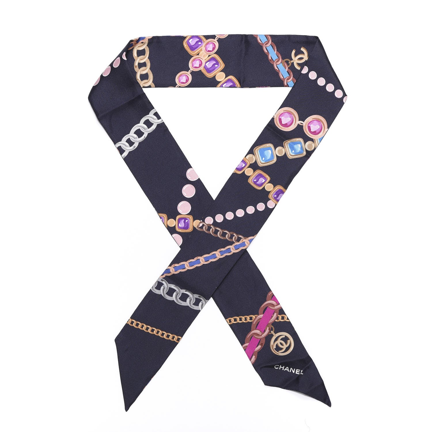 Chanel Silk Pearl CC Chain Slim Bandeau Scarf Navy Blue 1 of 3