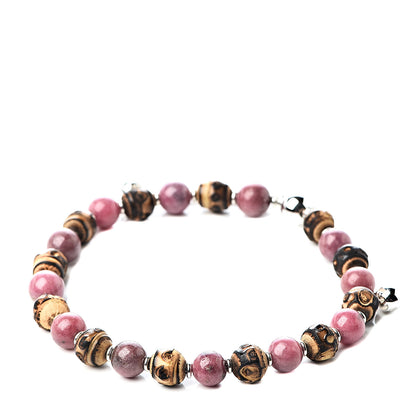 Gucci Sterling Silver Bamboo Pink Rodonite Beaded Bracelet 1 of 4